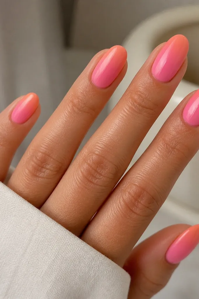 Medium almond nails. Bubblegum pink sits in the center with an orange fade that pulls more toward the left and right side edges. The glow is subtle, like a soft bubble effect. Glossy finish, no gems.