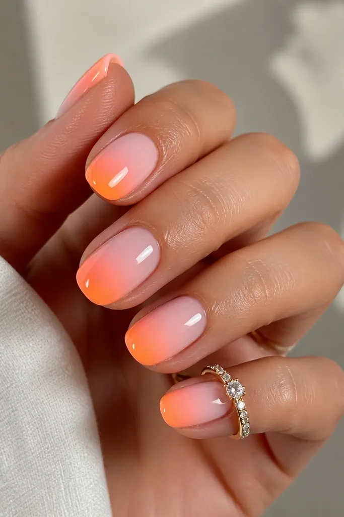 Short to medium squoval nails. Milky pink base with a soft aura fade into a neon-soft orange glow toward the tips. The orange looks bright but still blurred, with a glossy finish that makes it look luminous.
