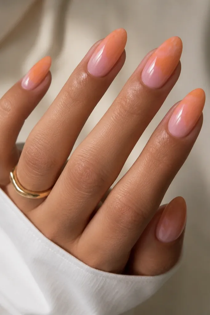 Medium almond nails with a pink-to-orange aura fade. Over the aura, there are tiny orange marble-like swirls near the center and toward the tip, very subtle and blended. Glossy top coat.