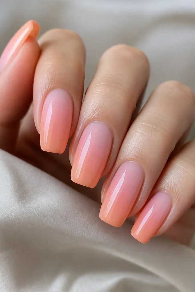 Long squoval nails. The base is soft pink with an aura in the center. Along the outer edge and tip, there's a peachy orange ombré that fades inward. The finish is glossy and clean.