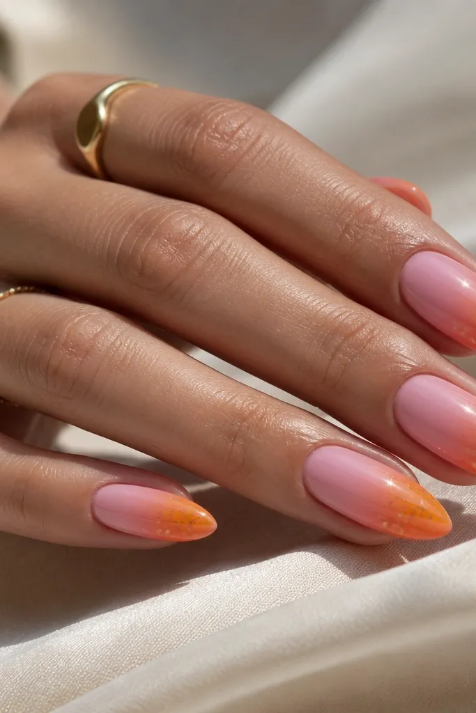 Medium almond nails. A pink-to-orange aura fade fills the nail. In the orange side, small orange foil flake confetti pieces sit randomly but are sealed flat. Glossy finish with a few reflective spark points.