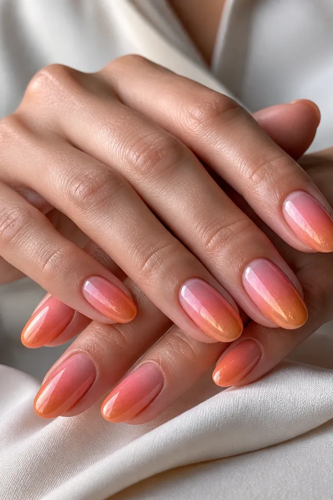 Short almond nails. Pink aura fades to tangerine orange, then a fine chrome veil is dusted over the orange area only. The nails look shiny and slightly reflective like wet glass, with no other art.