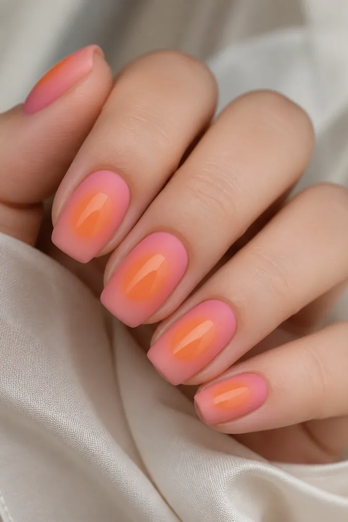 Medium squoval nails. The overall finish is matte. The aura is pink near the cuticle fading into orange, but a glossy gel patch sits in the center orange glow area like a shiny window. Edges are blended and smooth.