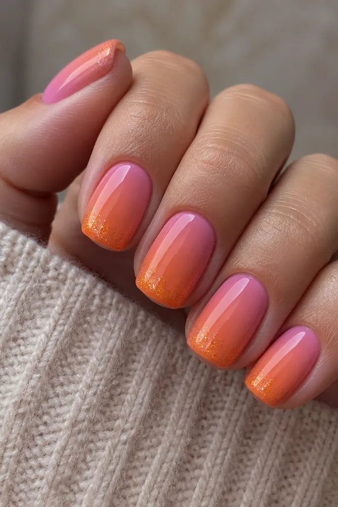 Short squoval nails. Pink aura fades into orange in the center, and the very tips have a thin layer of orange micro-glitter. The rest of the nail is smooth and glossy with no glitter near the cuticle.