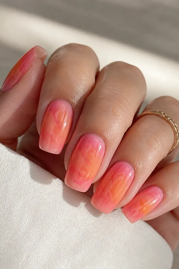 Long squoval nails. Pink aura fades into orange, and in the center there are soft tie-dye style swirl clouds in a slightly deeper orange. The swirls are translucent and blended, with a glossy finish.