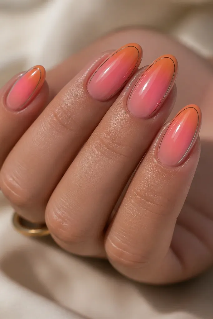 Medium almond nails. Pink aura fades into orange with a soft halo effect. On each nail, a very thin black outline follows the nail shape near the edges, not around the whole nail - just subtle framing. Glossy finish.