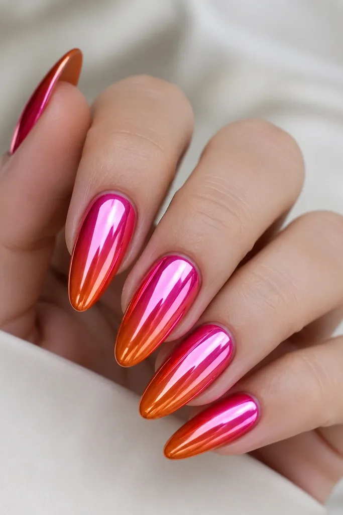 Almond nails with a smooth pink-to-orange gradient. The entire surface is mirror chrome, reflecting bright pink near the cuticle and hot orange toward the tips. Each nail looks like a single continuous sheet of shine with no streaks.