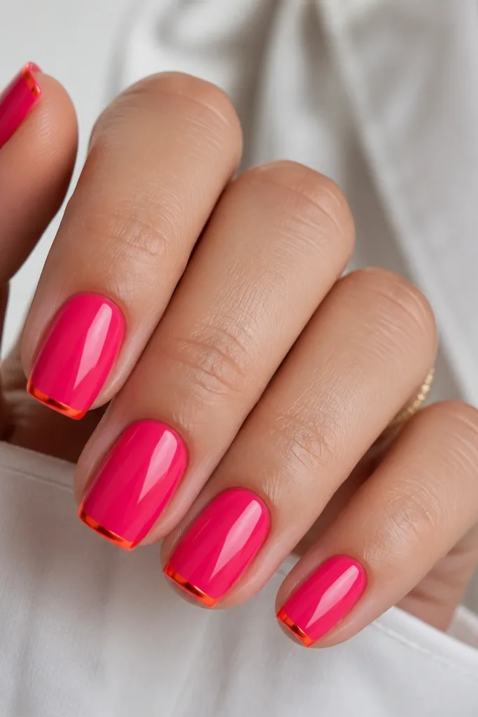 Short-to-medium squoval nails painted hot pink. Only the very tips are coated with orange chrome, forming a thin, sharp micro French line. The orange chrome catches light like a metallic foil strip.