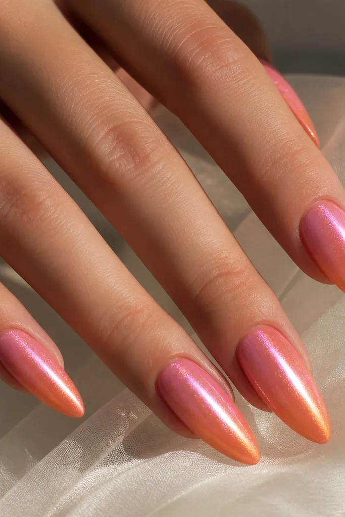 Almond nails with a pink base that shifts into an orange fade at the tips. A subtle cat-eye magnet line runs vertically, and over it is a chrome-like metallic sheen. The center line looks brighter than the rest.