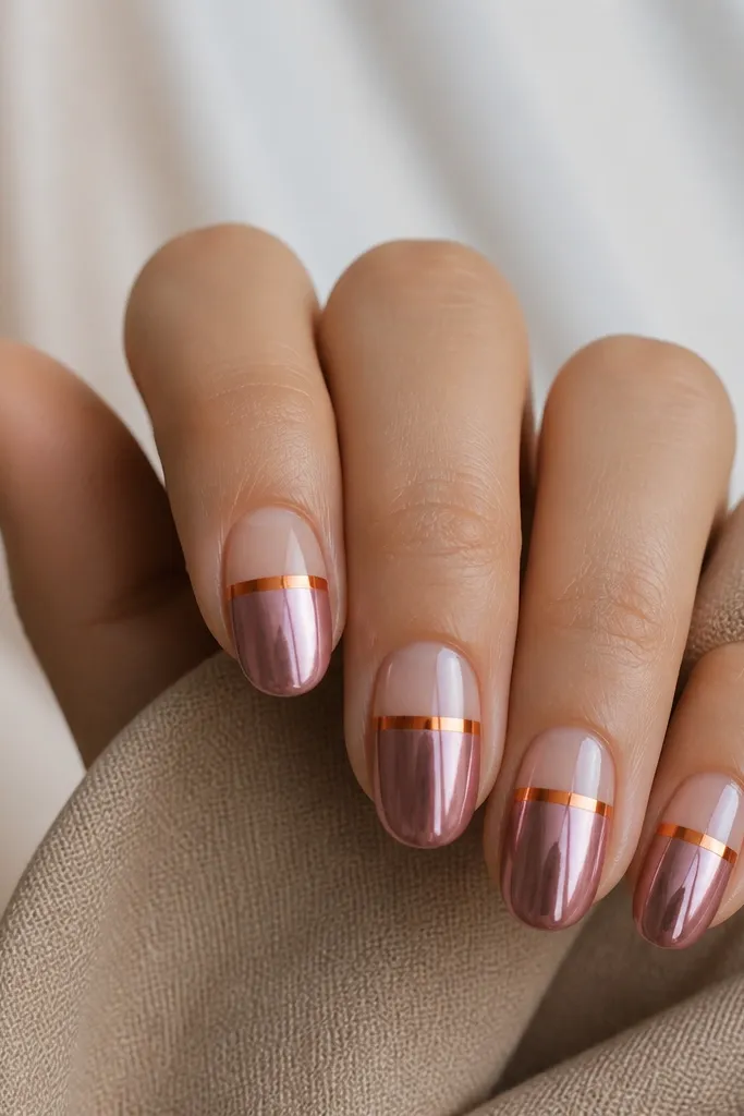 Nails with a glossy pink chrome coating on the lower half and a clear or nude upper half. A thin orange strip runs horizontally across the middle, like a metallic band. The half-moon shapes are sharp near the nail base.