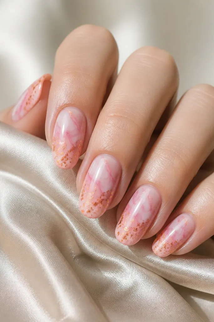 Pink marble nails with soft white and pink swirls. Over the marble are tiny orange chrome speckles scattered mostly toward the tips. The chrome speckles sparkle like glitter but stay metallic and smooth.