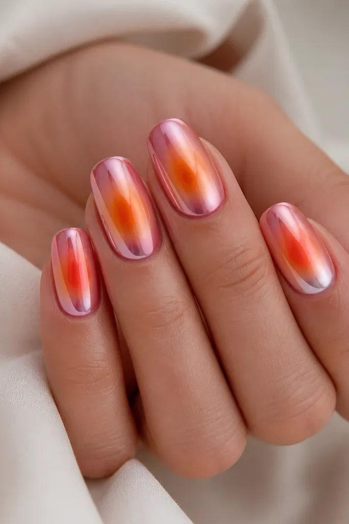 Nails with full pink chrome coverage, then a soft orange aura circle glow behind a slightly darker center. The orange aura looks like a halo around the mid-nail and fades outward.
