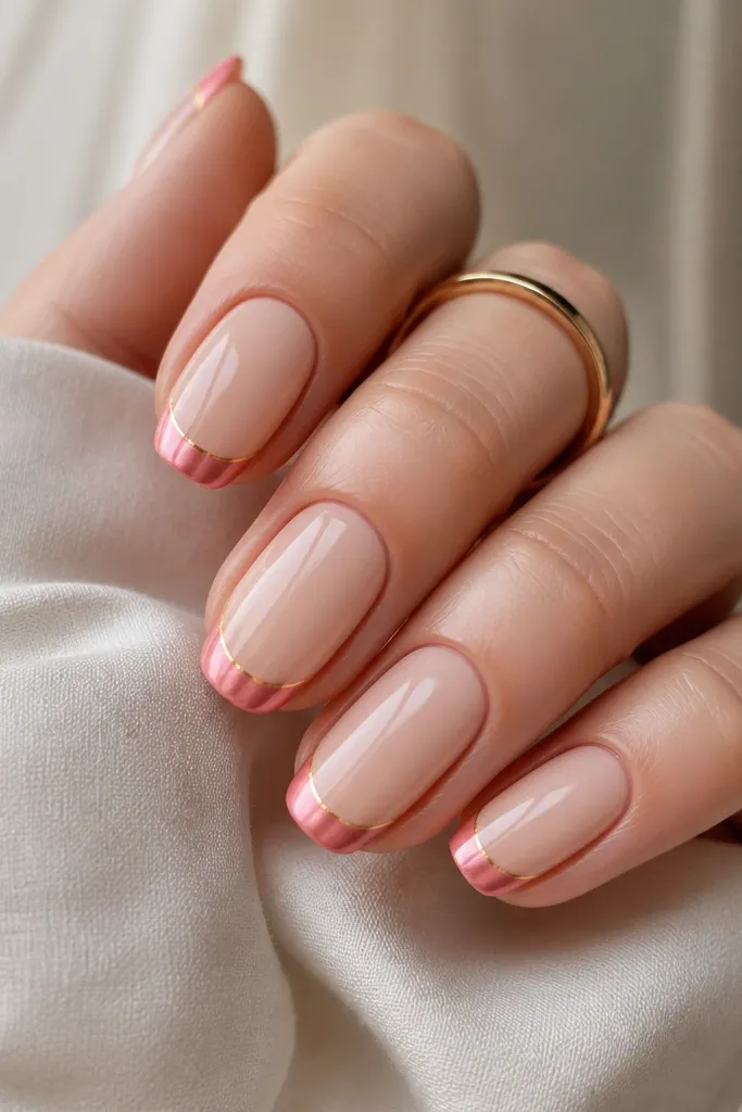 Classic French manicure style: nude base, pink chrome French tips. Then an ultra-thin orange outline runs along the edge of the pink chrome tip like a metallic border.