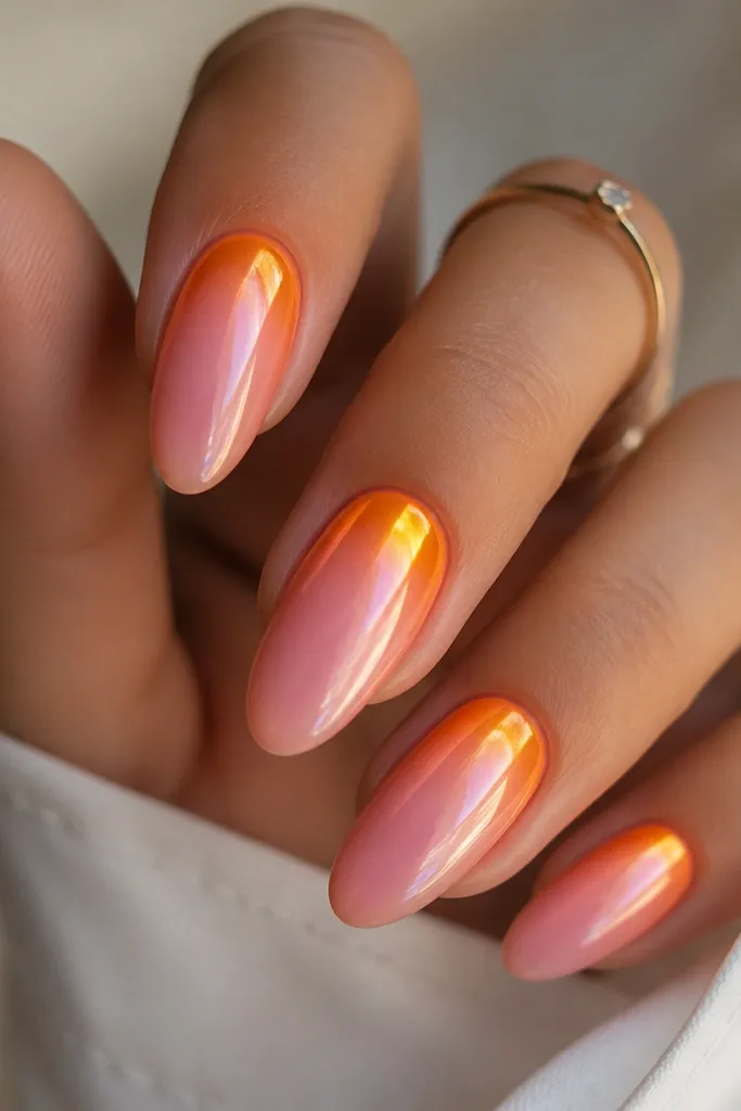 Medium almond nails where orange chrome concentrates at the cuticle area and fades into a pink glossy base toward the tips. The transition looks smooth and reflective, with the brightest spot near the nail base.