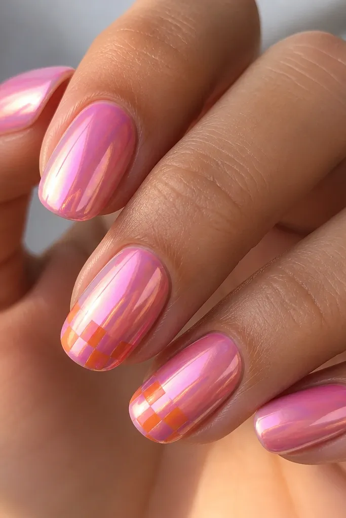 Nails with a mostly pink chrome finish. Two nails have a small checkerboard pattern near the tip using alternating orange and pink chrome squares. The squares are neat and glossy.