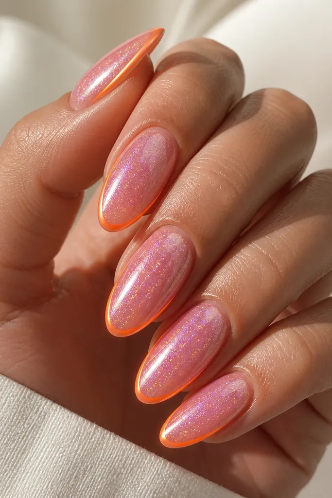 Pink galaxy nails with tiny holographic glitter embedded in a milky pink base. Around the nail edges and along the tip there is an orange chrome outline that frames the nail like a glowing border.