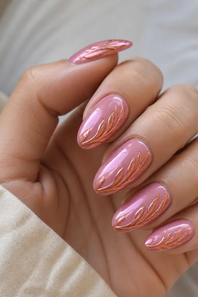 Full pink chrome nails. One side of each nail has a flowing orange leafy swoop shape, like a vine, done in chrome or gel with metallic shine. The swoop curves from mid-nail toward the tip.
