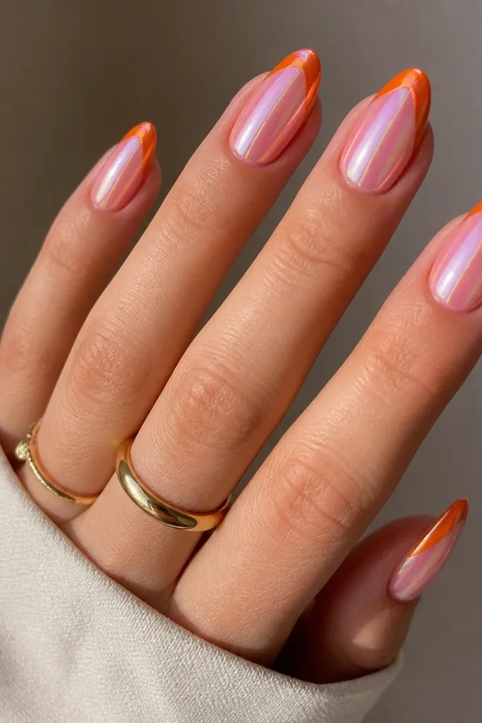 Almond nails with a full pink chrome base. At the tip, there is a half-swirl French line in orange chrome that curves like a hook from the sidewalls toward the center. The swirl looks crisp and glossy.