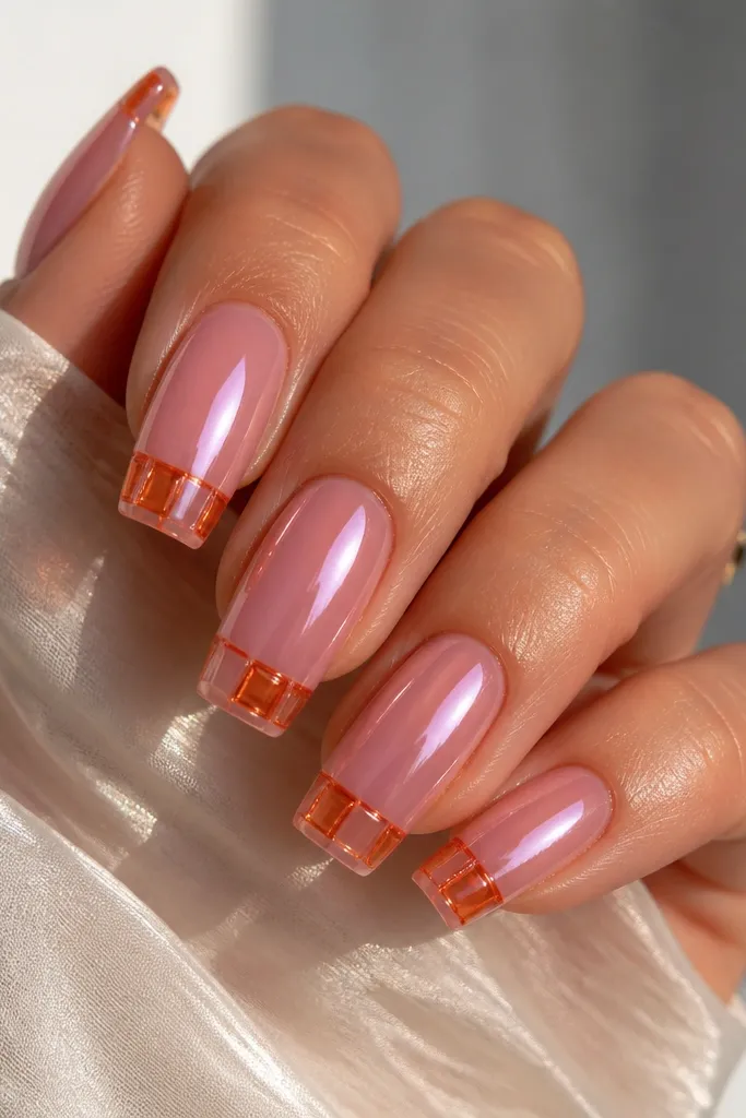 Translucent pink jelly nails with a glossy chrome sheen. Small orange stained glass squares appear mostly on the tips, outlined with slightly darker orange lines. The squares have a glassy, dimensional look.
