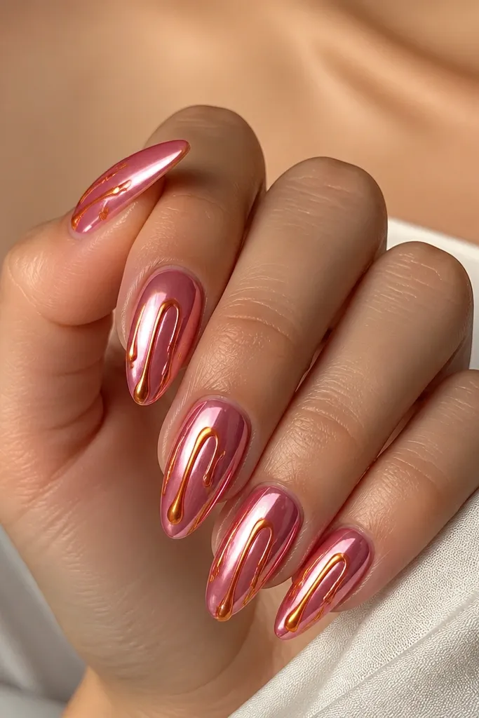 Full pink chrome nails with orange chrome drip lines hanging from the center and tapering toward the tip. The drips are glossy and metallic, like molten chrome that stopped mid-run.