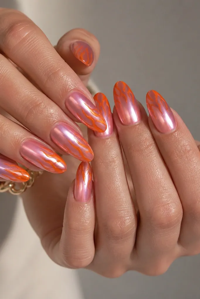 Pink mirror chrome nails. The tips have orange flame shapes with pointed peaks, like tiny flames licking up from the free edge. The flames are filled with orange chrome for maximum shine.
