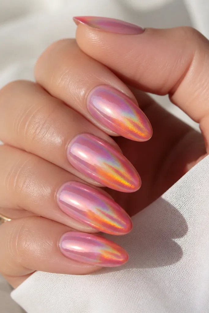 Pink mirror chrome nails with an orange holographic fade overlay on the tips. The overlay shifts color between orange, gold, and pink under the light, creating a rainbow metallic gradient.