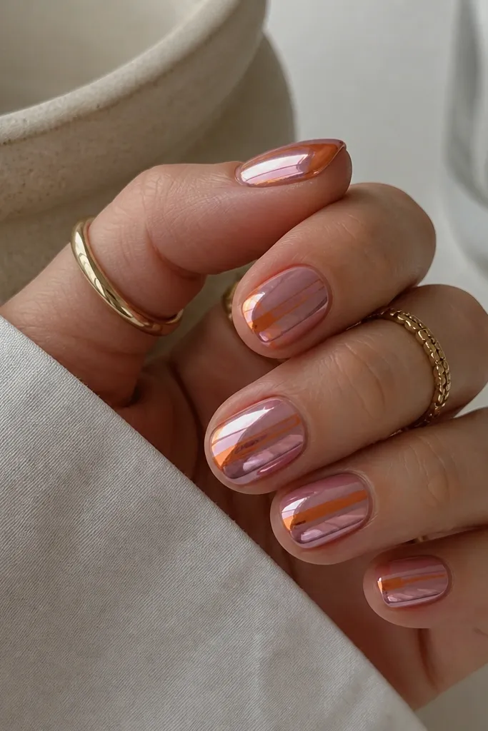 Short round nails with glossy pink chrome on the full nail. A single orange chrome stripe runs vertically along one side of each nail, from near the cuticle to the tip. The stripe is narrow and mirror-bright.