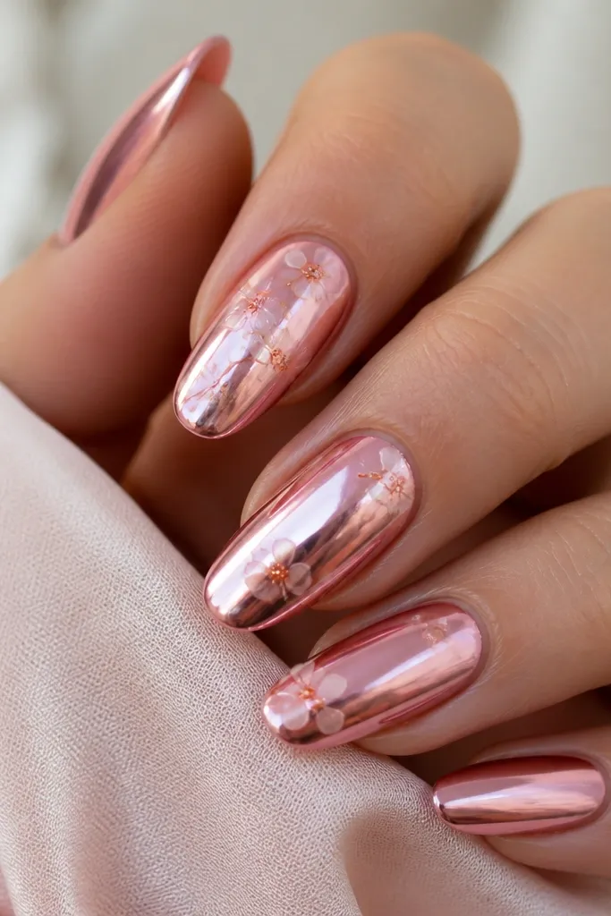 Pink chrome nails with a delicate bouquet pattern. On several nails, small orange dot centers sit where tiny petal shapes appear in pale pink or clear. The dots are metallic orange and the rest stays mirror pink.