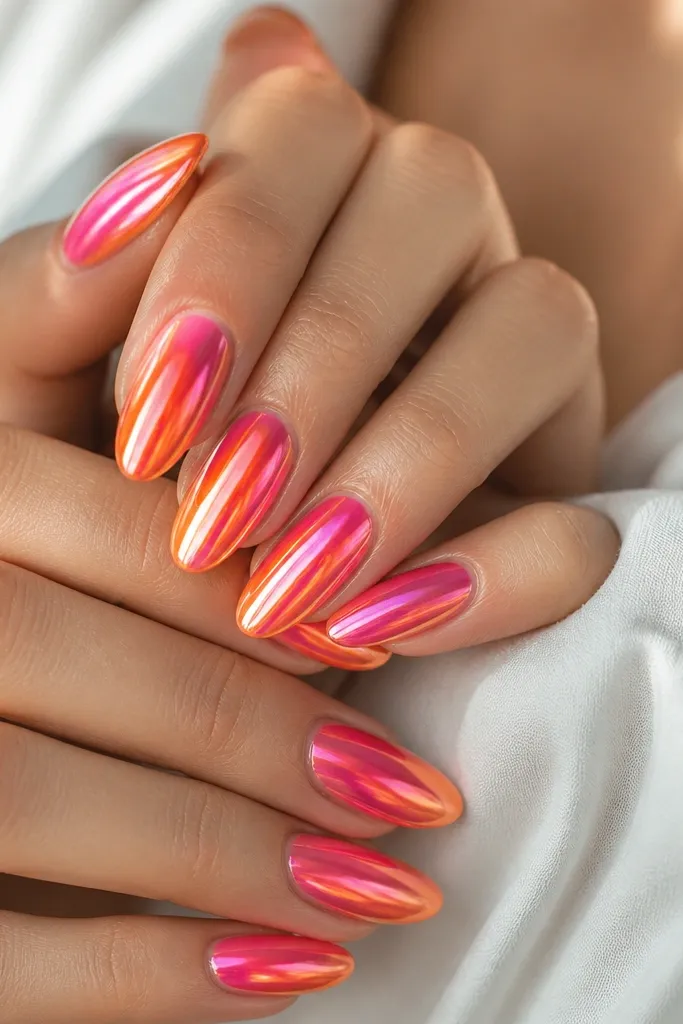 Stunning shine Pink And Orange Chrome Nails