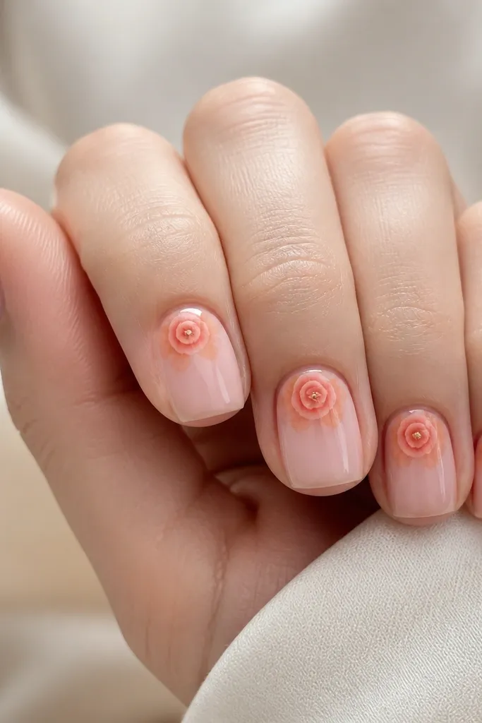 Five nails on a light skin tone hand. The nails are short squoval with a milky pink sheer base. Each nail has one rose near the cuticle. Behind the rose petals is a soft orange glow like a watercolor halo, fading outward. The rose centers are tiny warm peach dots, and the overall look is glossy.