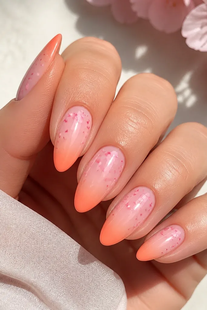Five nails in medium almond shape. The base is soft pink. The tips fade into a peach-orange ombré that gets brighter at the free edge. Small pink petals and tiny dot clusters are scattered mostly in the upper half, with a couple petals near the sidewalls. Glossy finish, no thick outlines.