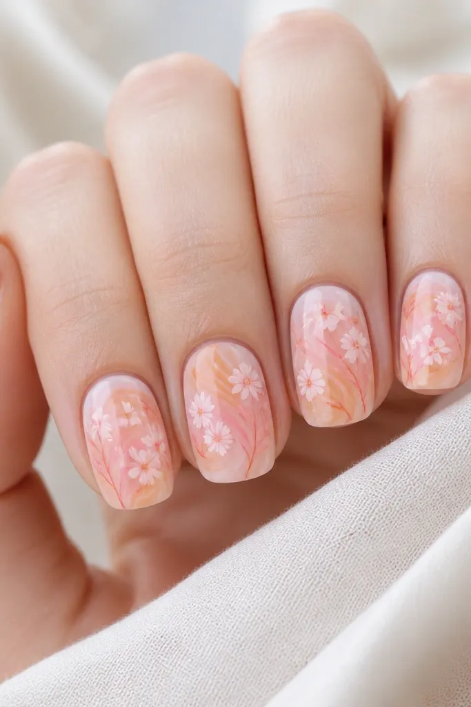 Five nails with a short squoval shape. Each nail has a soft swirl background: pink and orange gel mixed into a gentle spiral. Over the swirl, there are tiny vine-like stems in pale pink and orange. Small blossoms sit at intervals, with centers in peach. The design is delicate and airy.