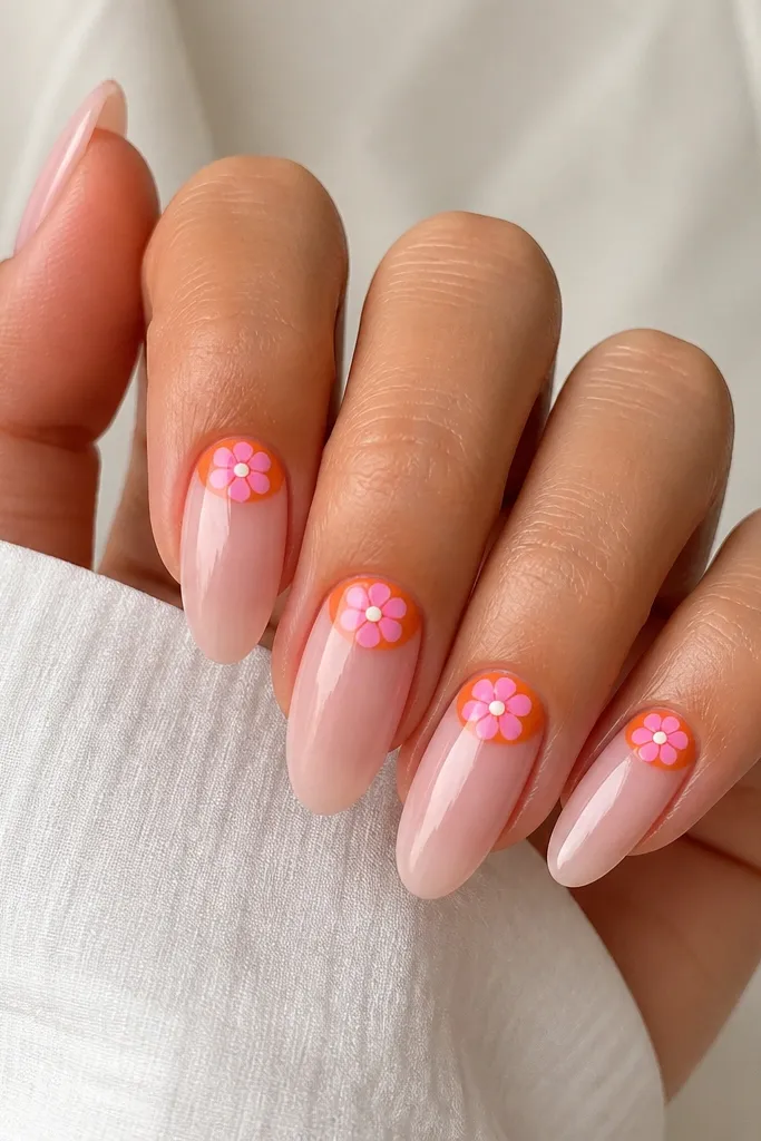 Five nails in medium almond. The base is sheer pink. Each nail has a bright orange arc sitting right at the cuticle like a crescent. On top of the orange arc is one flower: pink petals around a tiny white-pink center dot. The rest of the nail is clean and glossy.