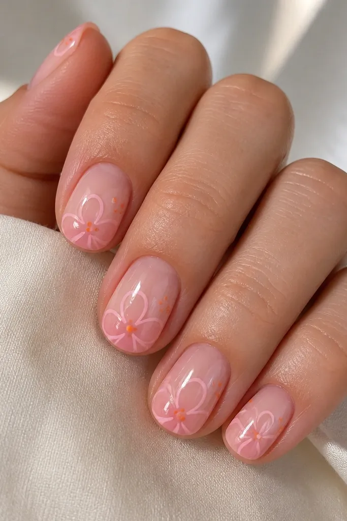 Five nails in short squoval. The base fades from sheer pink near the cuticle to a slightly deeper pink at the tip. Flowers are drawn in pale pink with open petal shapes. The flower centers are tiny orange dots, and there are two small orange dots near the side of each flower. Glossy finish, clean negative space.