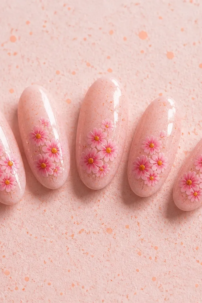 Five nails in medium almond. The background has a light pink base with a speckled orange spritz pattern, like tiny splatters. Each nail has a cluster of small pink daisies near the center and lower half. Daisy petals are thin and rounded, with tiny yellow-orange centers. Glossy and slightly sparkly from topcoat.