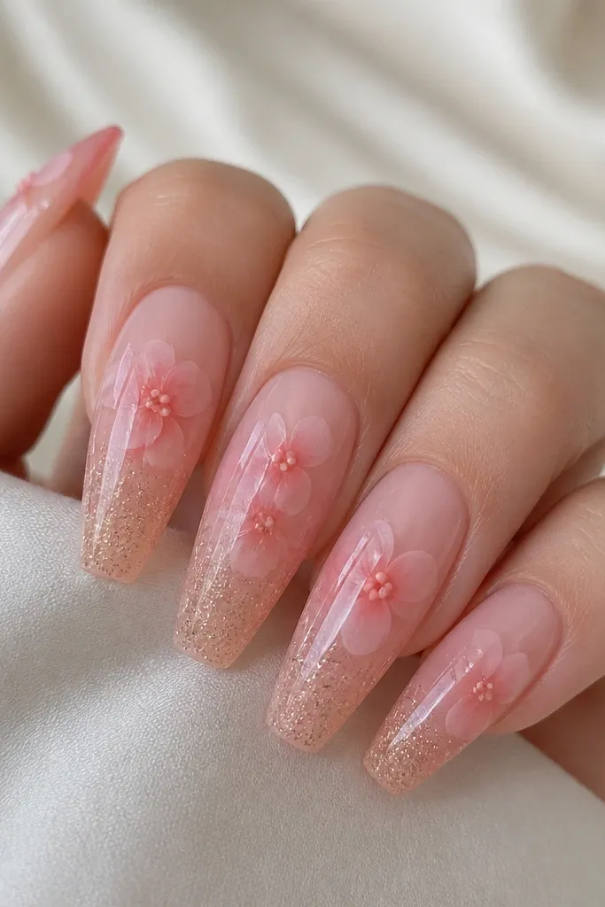 Five nails in long coffin. The base is sheer pink with a glassy shine. Flowers look like translucent pink petals layered slightly offset. At the lower third, there's a faint orange micro glitter fade that fades out before the flower area. The flower centers are small peach dots, and the nails look very glossy.