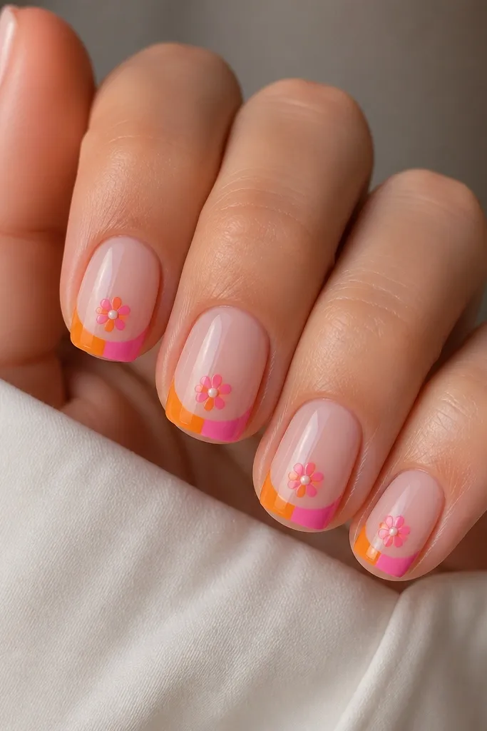 Five nails in short squoval. The base is sheer pink. At the tip, there's a French smile line split into two colors: orange on one side of the smile and pink on the other. Small pink-orange flowers sit just above the smile line, one per nail, with a tiny peach center. Glossy finish.