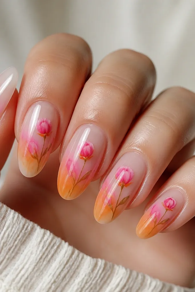 Five nails in medium almond. Each nail has a watercolor wash of orange fading into pink near the middle. There are small rosebuds in pink drawn on top, with closed petals and a tiny orange outline at the bud base. The background stays translucent, with glossy shine.