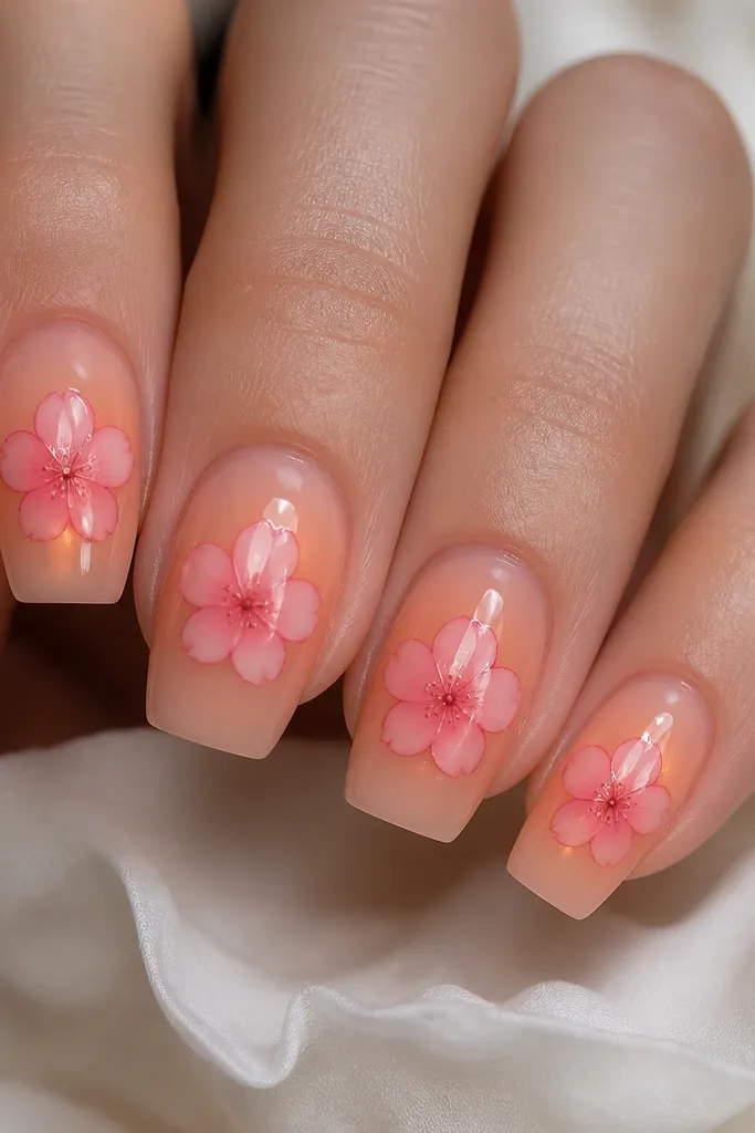 Five nails in short coffin shape. The base looks like a sheer nude with a warm orange glow under the surface. Pink blossoms are placed near the center of each nail. Petals are soft pink with a slightly darker pink edge. Flower centers are tiny dots, and the nails are extremely glossy like lacquer.