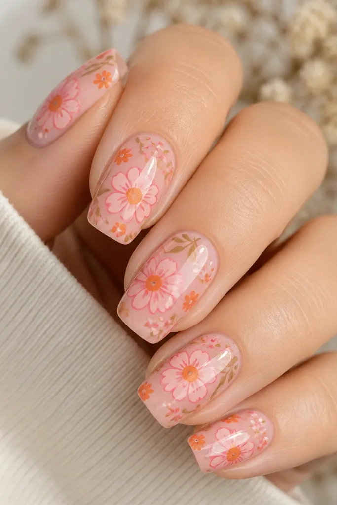 Five nails in medium squoval. The base is a sheer pink. Floral decals cover most of each nail: pink flowers with orange centers and small orange accents. The decals look crisp and flat at first, but the image shows a smooth, sealed edge around each decal with a glossy topcoat layer.