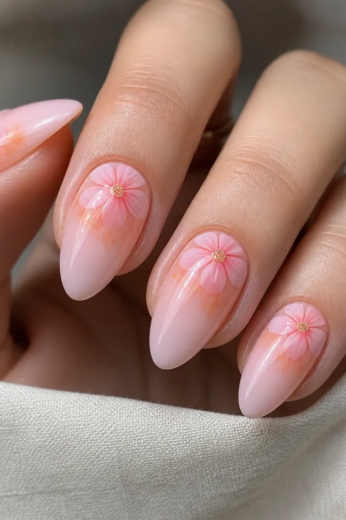 Five nails in medium almond. Each nail has a sheer pink base. One large flower sits slightly off-center near the cuticle, with big pink petals. Behind the flower on both sides are soft orange shadows, like light hitting from the sides. The center is peach, and the rest of the nail is clean.