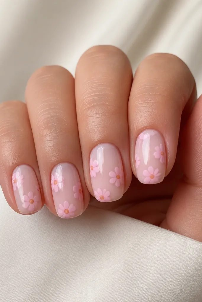 Five nails in short squoval. Sheer milky pink base. Tiny flowers made of 5-6 pink petals sit across the nail near the center and lower half. Each flower center has a small orange dot, and around that dot there's a thin orange micro ring. The nails have a high-gloss finish.