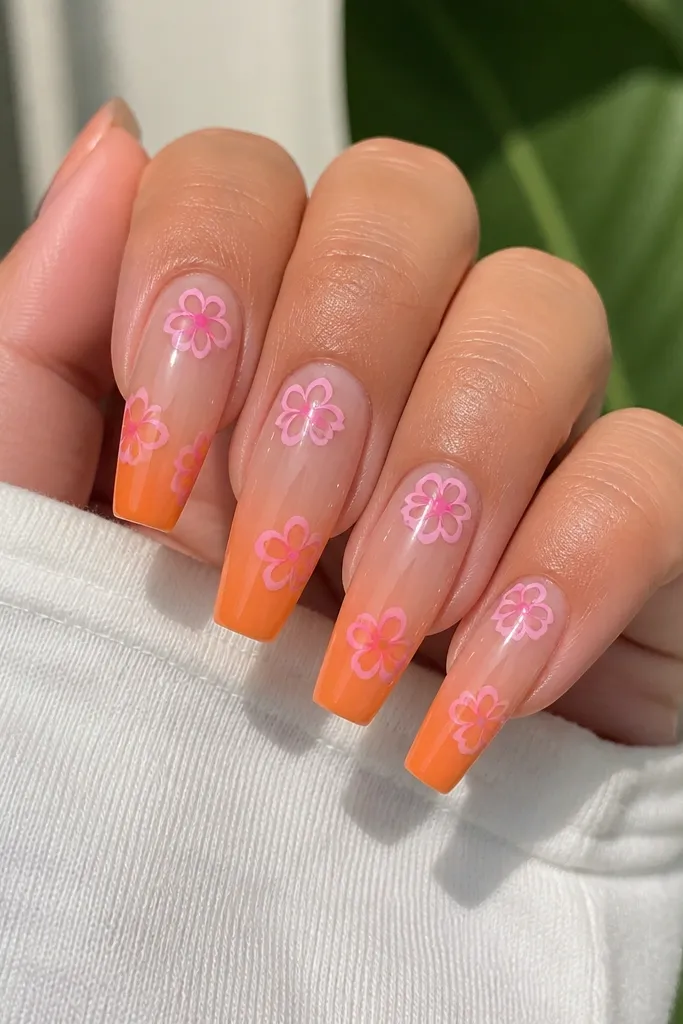 Five nails in medium coffin. The base is an orange ombré that fades from sheer near the cuticle into bright peach-orange at the tip. Around each flower, there's a pink frame-like petal outline, but the center stays mostly clear, showing the ombré underneath. Flowers are positioned near the cuticle and mid-nail. Glossy finish with clean borders.