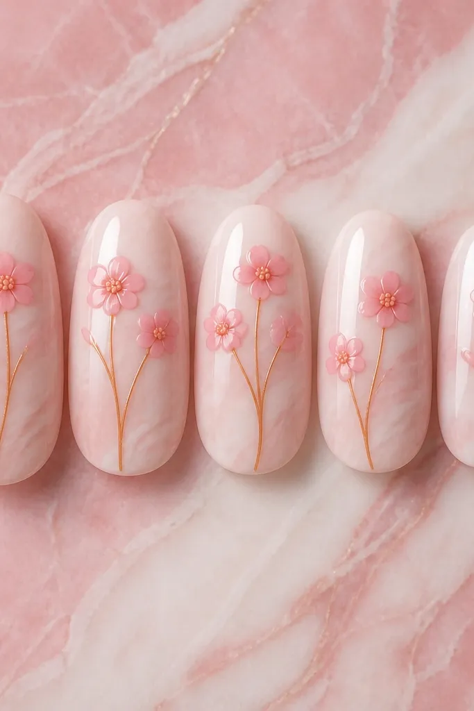 Five nails in medium almond. The background is pink marble with creamy white swirls. From each nail, thin orange stems rise from the cuticle area. Small pink flowers sit at the top of the stems, with tiny peach centers. The marble pattern is soft and the nails look glossy and smooth.