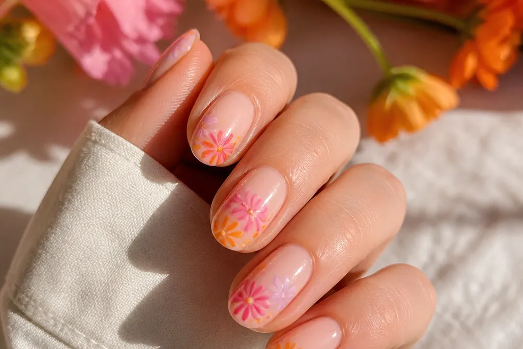 Dreamy Pink And Orange Flower Nails I tried
