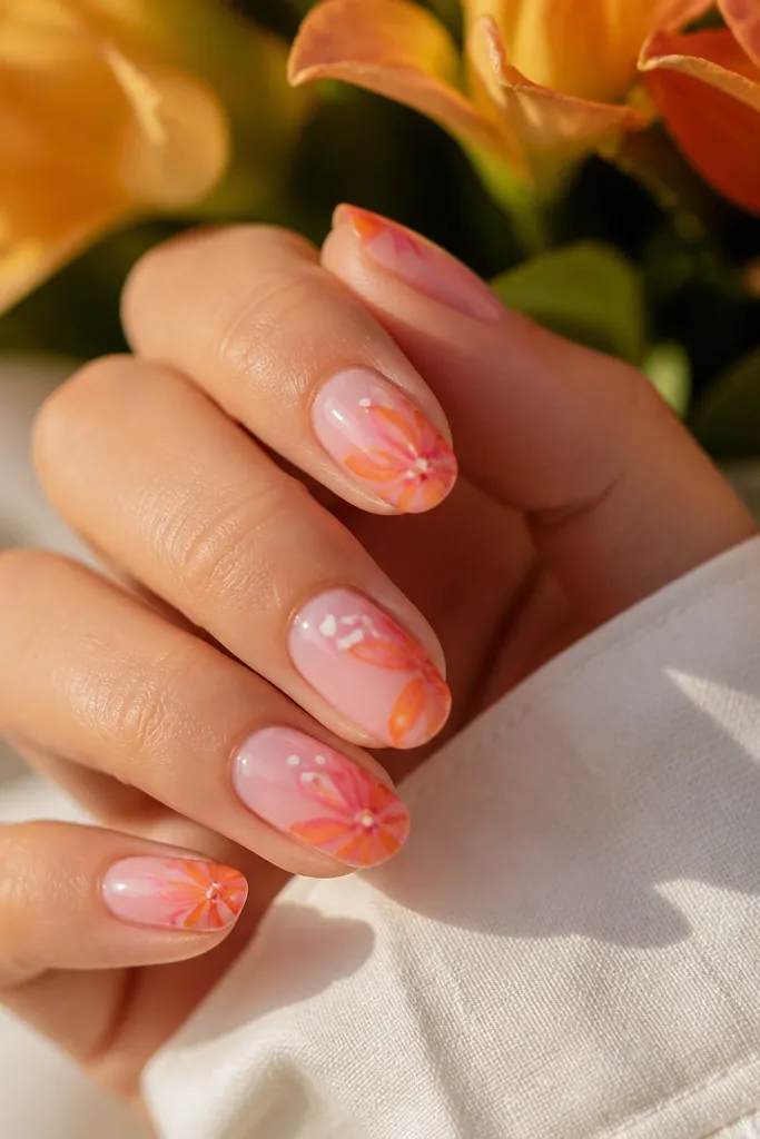 Dreamy Pink And Orange Flower Nails I tried