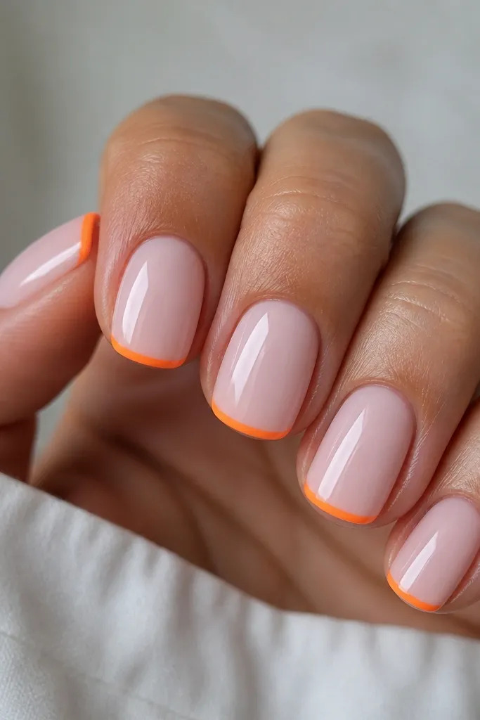 Close-up of short squoval nails painted milky pink. The French tips are very thin, in a bright tangerine orange line with crisp edges. The nails have a glossy top coat and a neat, centered smile curve.