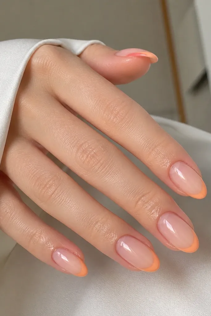 Medium almond nails with a sheer pink base that looks like natural nails. The French tips are peach orange with rounded corners and a soft, slightly thicker line than a micro tip. The finish is glossy with smooth edges.