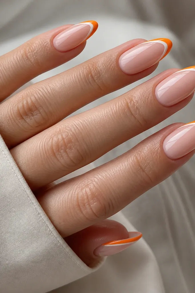 Almond nails with a soft pink base. There is a thin white line at the top edge of the French area, and then an orange outline forming the tip shape. The lines are super crisp and the top coat is high shine.