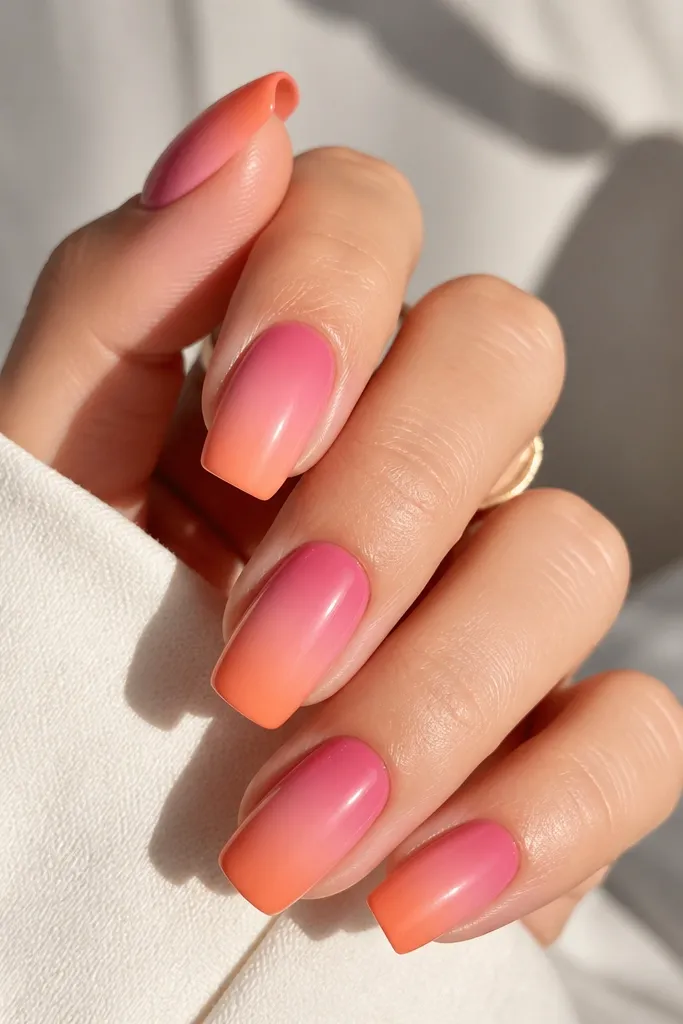 Long squoval nails with a smooth gradient. The base fades from deeper pink near the cuticle into lighter pink mid-nail, then transitions into orange only at the very tips. The gradient is smooth and the tips have a soft ombré edge.